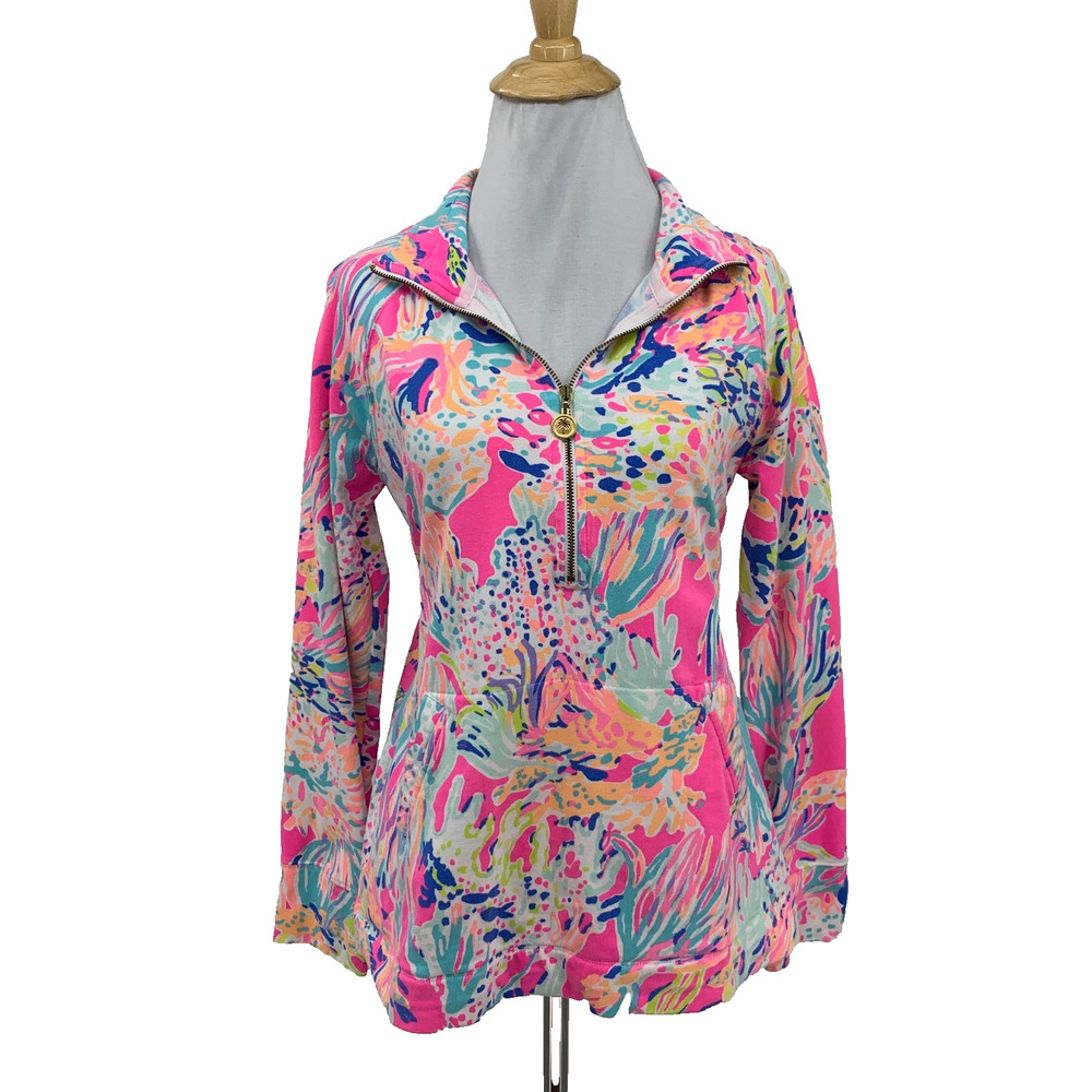 Lilly Pulitzer Top Womens Small Multi 50 UPF Skipper Popover Coral Motif 1/4 Zip